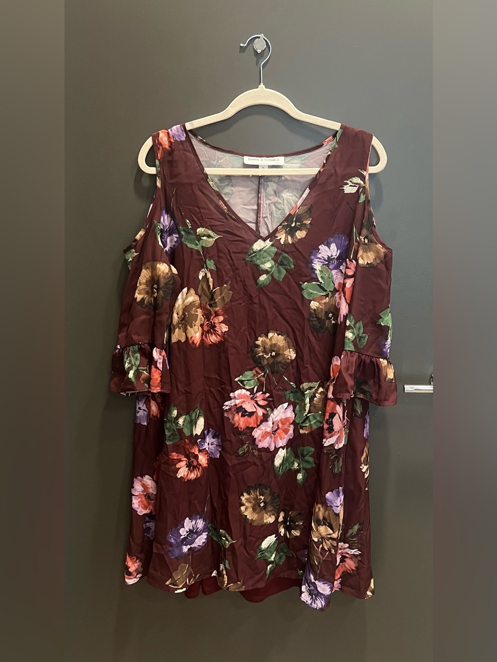 Emma & Michele Burgundy Floral Cold Shoulder Dress – Size XL
